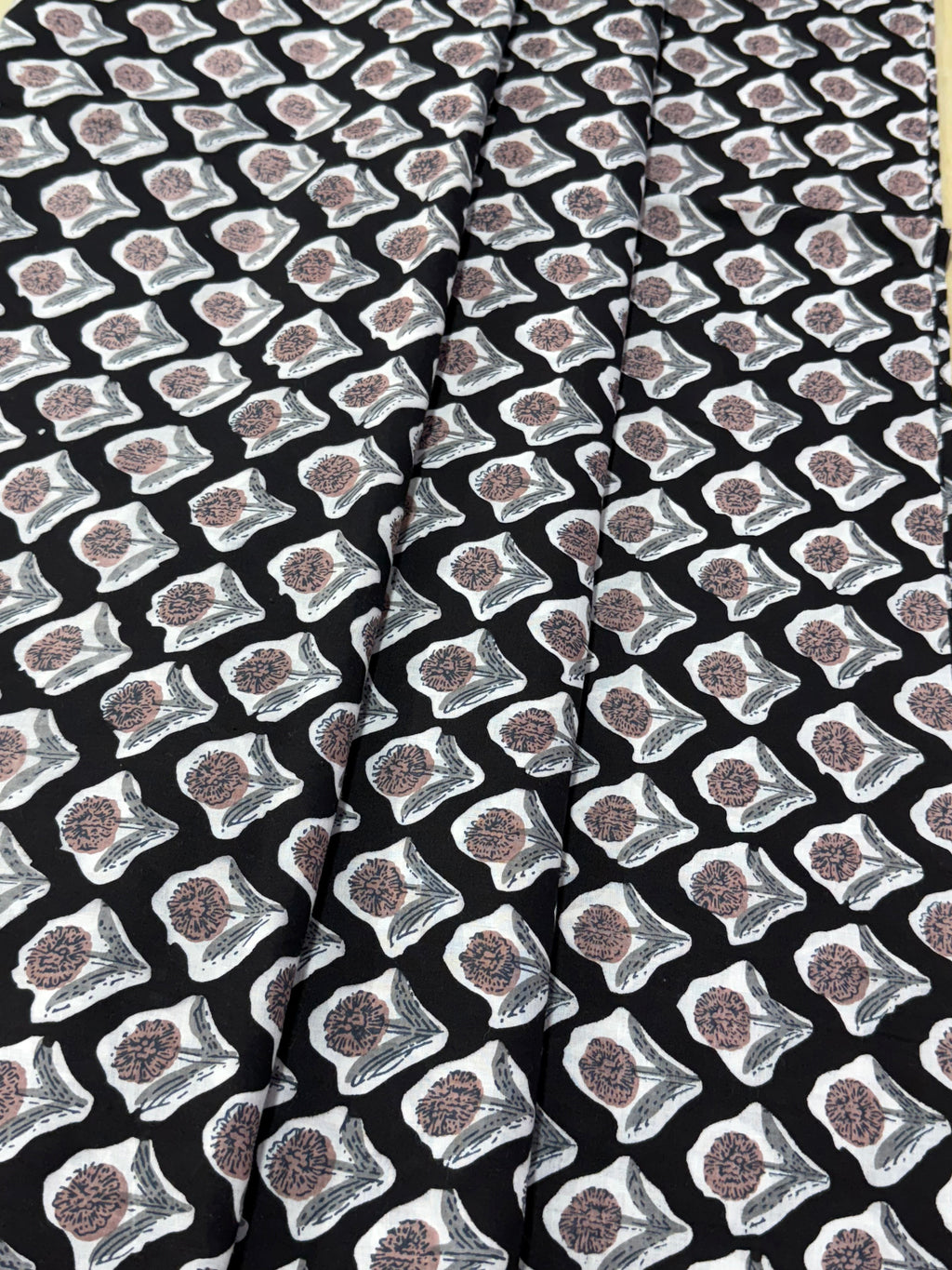 Black and White Floral Block Print Cotton Fabric - Indian Floral Design