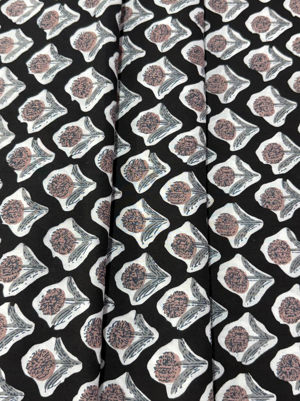 Black and White Floral Block Print Cotton Fabric - Indian Floral Design