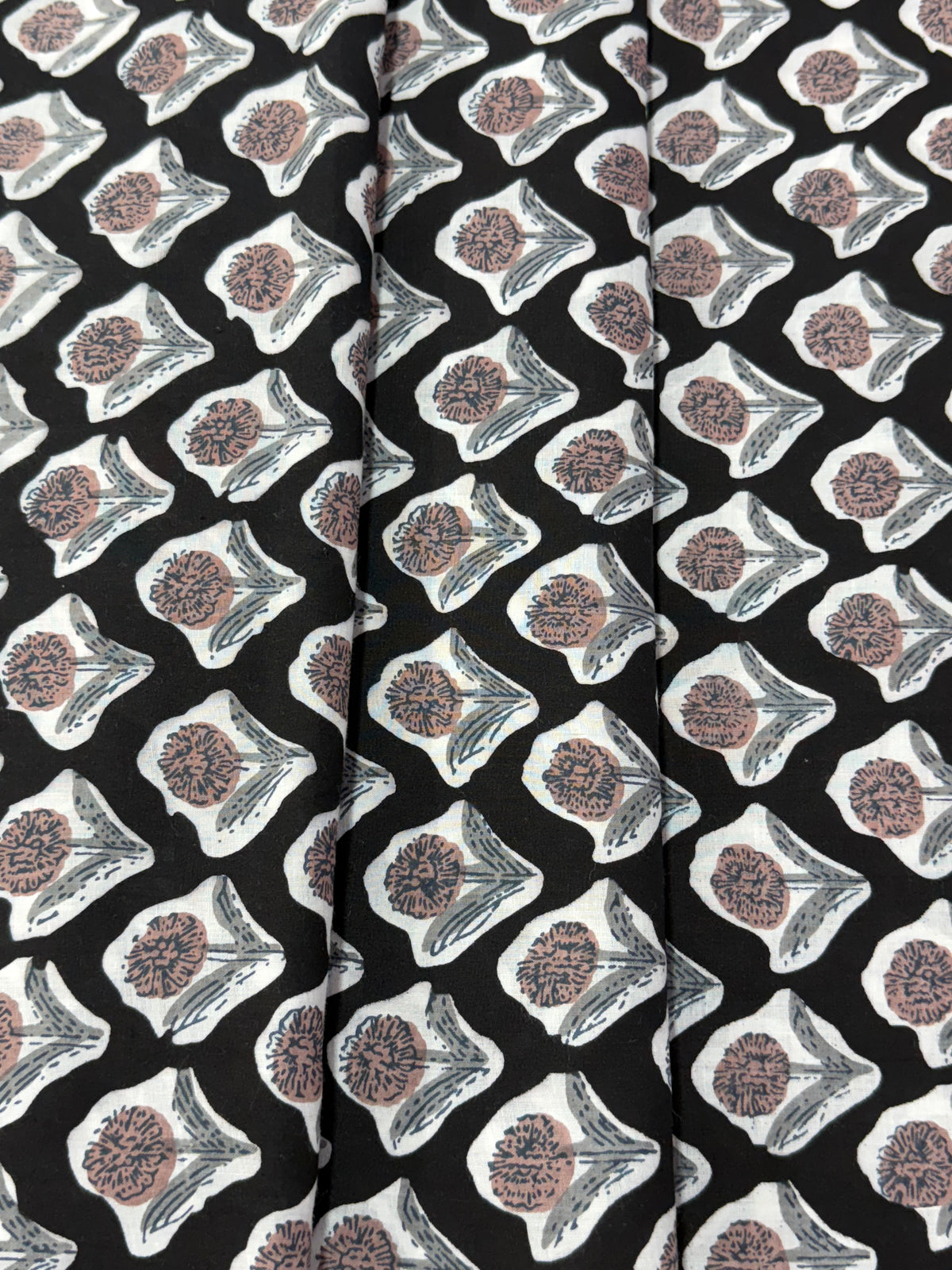 Black and White Floral Block Print Cotton Fabric - Indian Floral Design