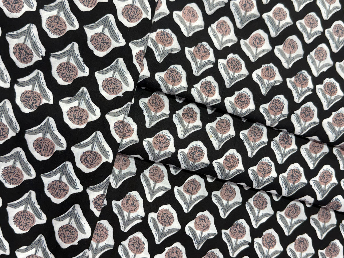 Black and White Floral Block Print Cotton Fabric - Indian Floral Design