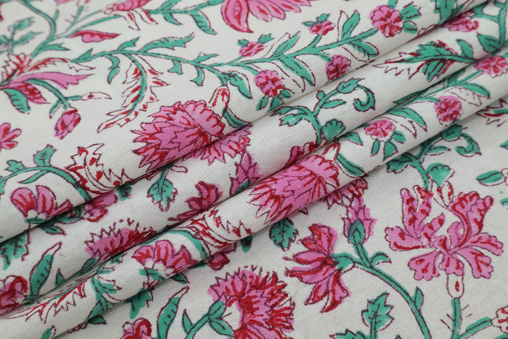 Pink & Green Floral Block Print Linen Fabric - Mughal Style