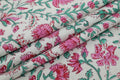 Pink & Green Floral Block Print Linen Fabric - Mughal Style