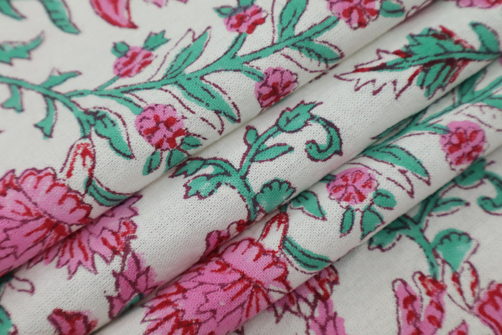 Pink & Green Floral Block Print Linen Fabric - Mughal Style