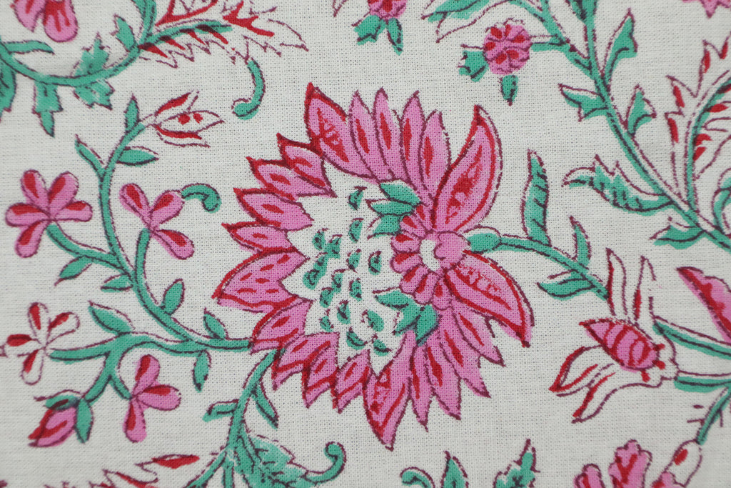 Pink & Green Floral Block Print Linen Fabric - Mughal Style