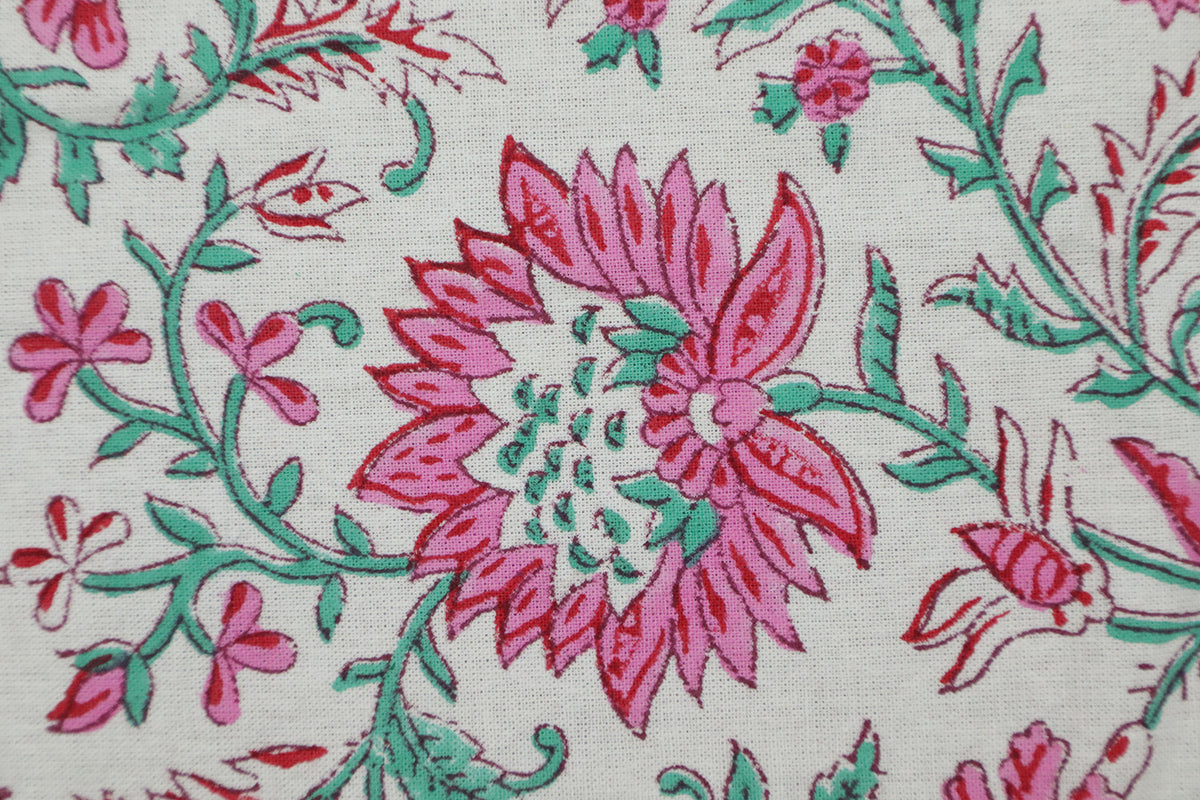 Pink & Green Floral Block Print Linen Fabric - Mughal Style
