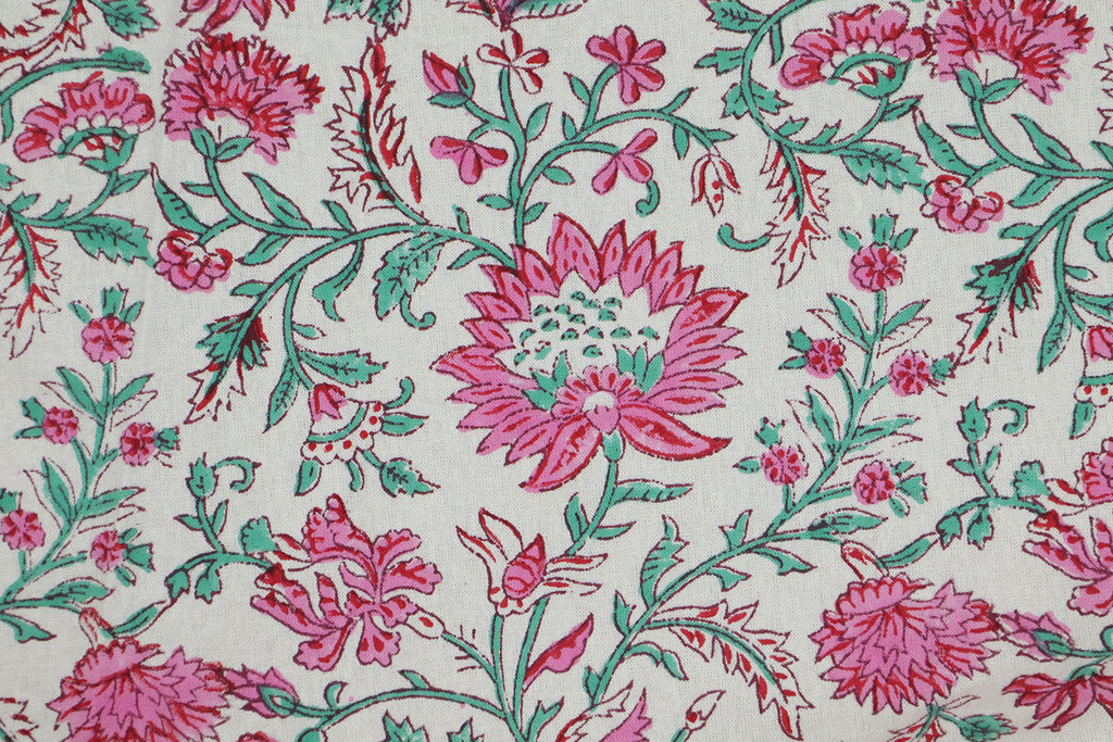 Pink & Green Floral Block Print Linen Fabric - Mughal Style
