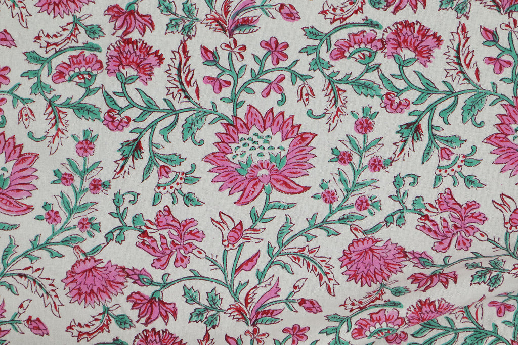 Pink & Green Floral Block Print Linen Fabric - Mughal Style