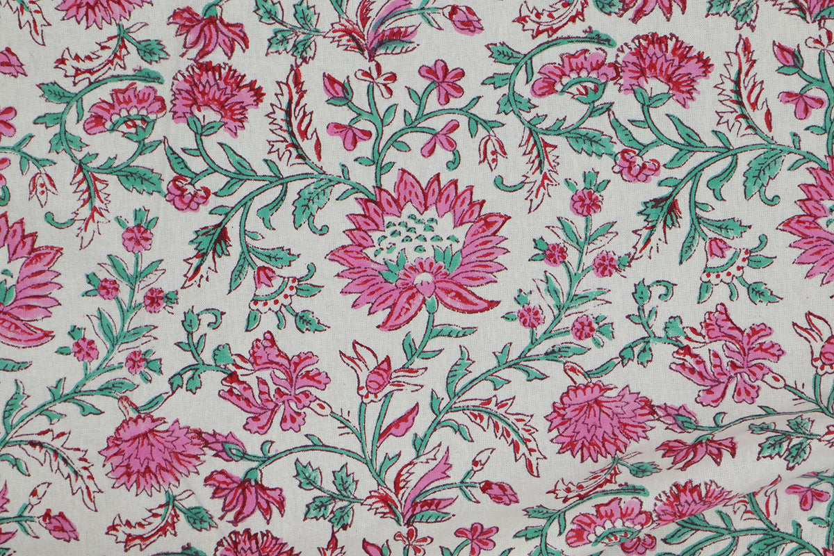 Pink & Green Floral Block Print Linen Fabric - Mughal Style