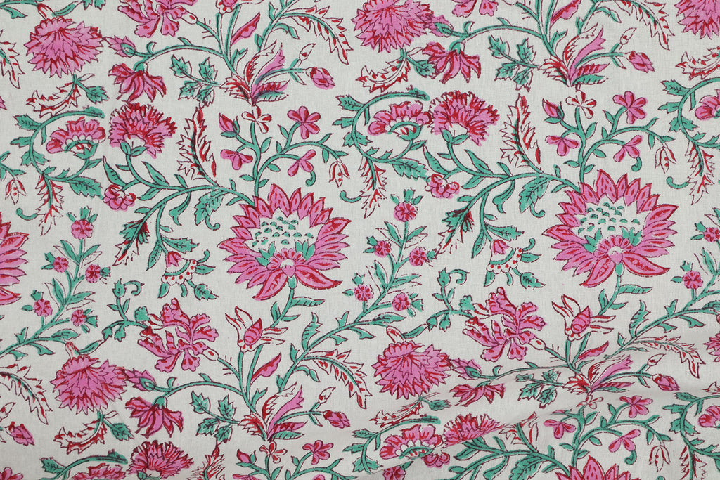 Pink & Green Floral Block Print Linen Fabric - Mughal Style