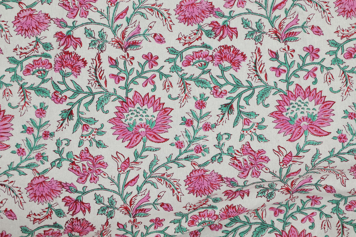 Pink & Green Floral Block Print Linen Fabric - Mughal Style