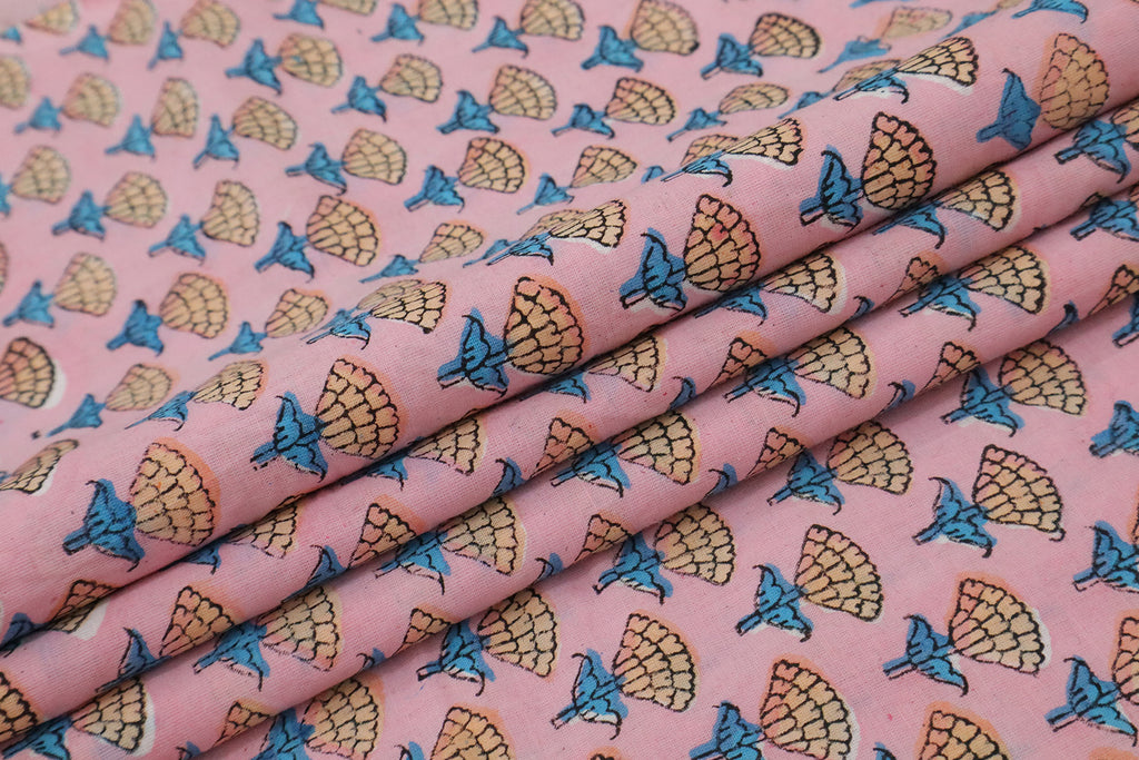 Pink, Blue and Orange colour block print floral fabric, 100% linen fabric by the yard, pure cotton block print fabric by the meter