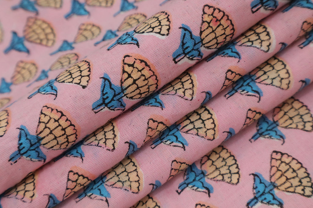 Pink, Blue and Orange colour block print floral fabric, 100% linen fabric by the yard, pure cotton block print fabric by the meter