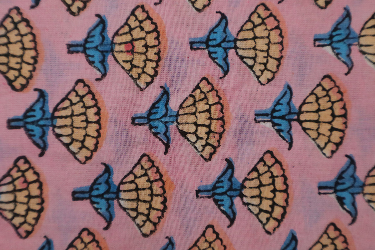 Pink, Blue and Orange colour block print floral fabric, 100% linen fabric by the yard, pure cotton block print fabric by the meter