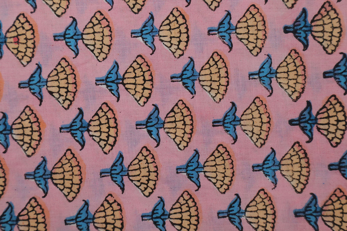 Pink, Blue and Orange colour block print floral fabric, 100% linen fabric by the yard, pure cotton block print fabric by the meter