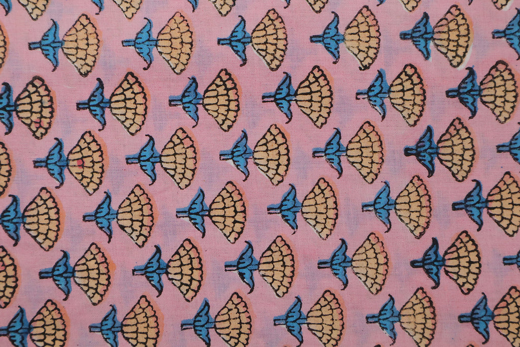 Pink, Blue and Orange colour block print floral fabric, 100% linen fabric by the yard, pure cotton block print fabric by the meter