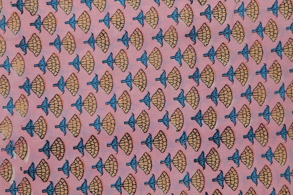 Pink, Blue and Orange colour block print floral fabric, 100% linen fabric by the yard, pure cotton block print fabric by the meter