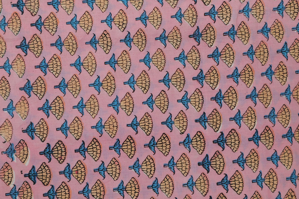 Pink, Blue and Orange colour block print floral fabric, 100% linen fabric by the yard, pure cotton block print fabric by the meter