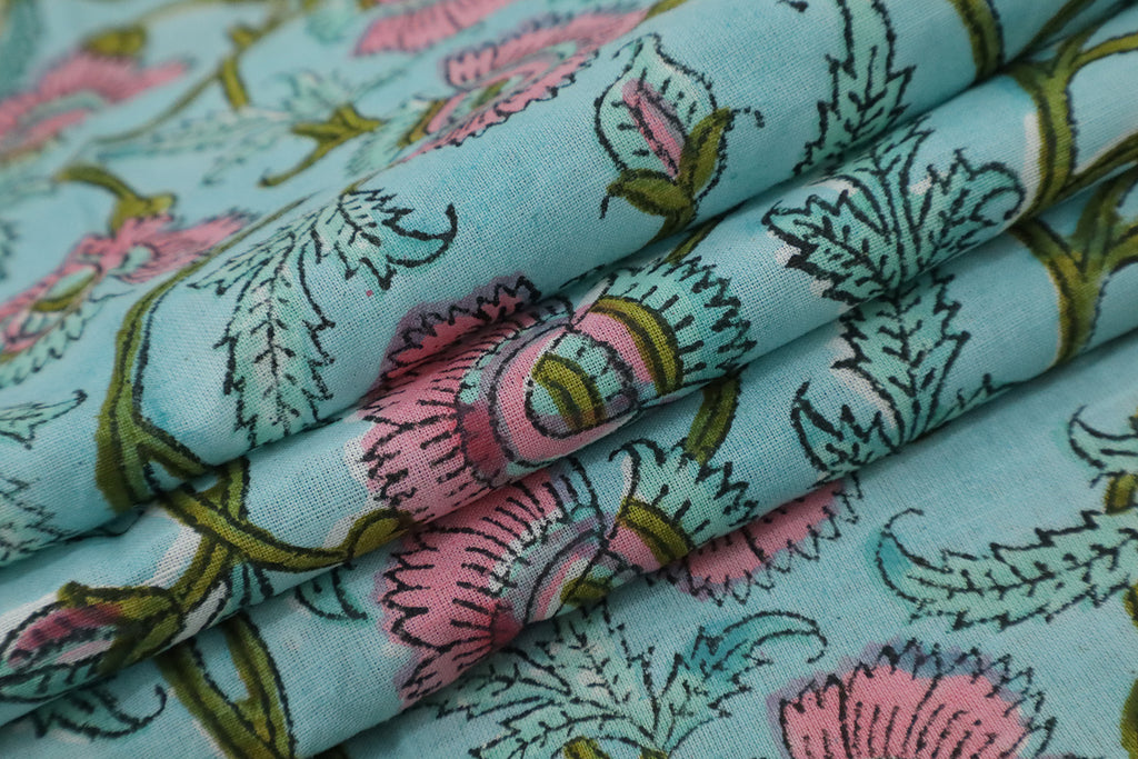 Blue & Pink Floral Block Print Fabric: 100% Linen or Cotton By The Yard