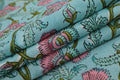 Blue & Pink Floral Block Print Fabric: 100% Linen or Cotton By The Yard