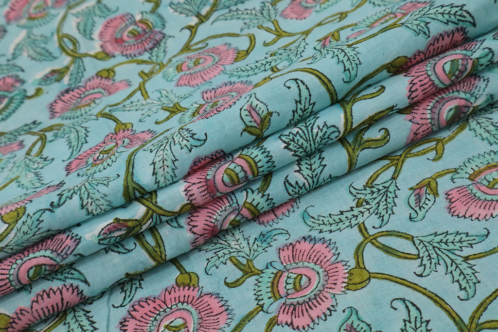 Blue & Pink Floral Block Print Fabric: 100% Linen or Cotton By The Yard