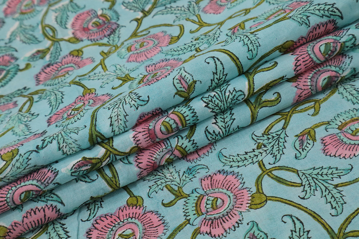 Blue & Pink Floral Block Print Fabric: 100% Linen or Cotton By The Yard
