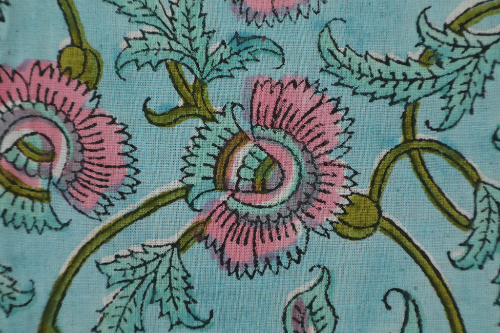 Blue & Pink Floral Block Print Fabric: 100% Linen or Cotton By The Yard