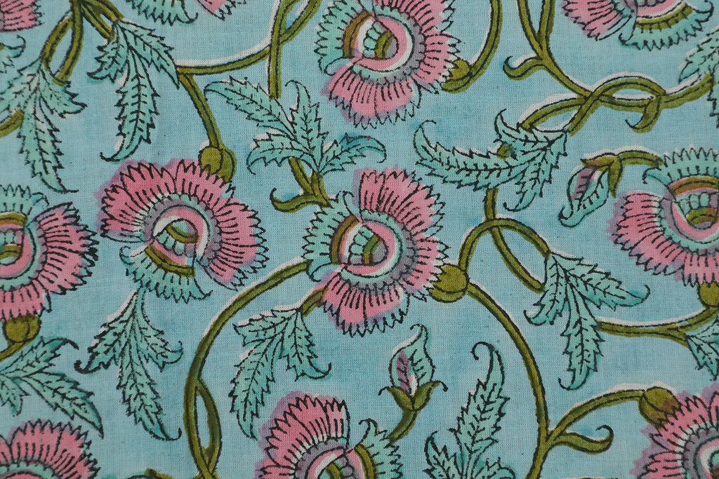 Blue & Pink Floral Block Print Fabric: 100% Linen or Cotton By The Yard