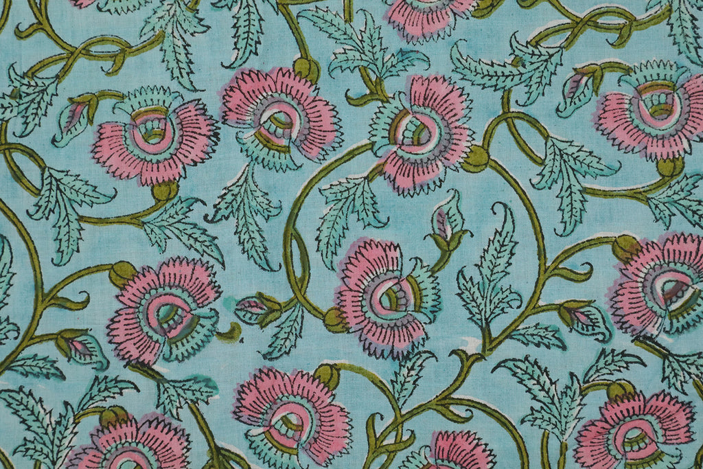 Blue & Pink Floral Block Print Fabric: 100% Linen or Cotton By The Yard