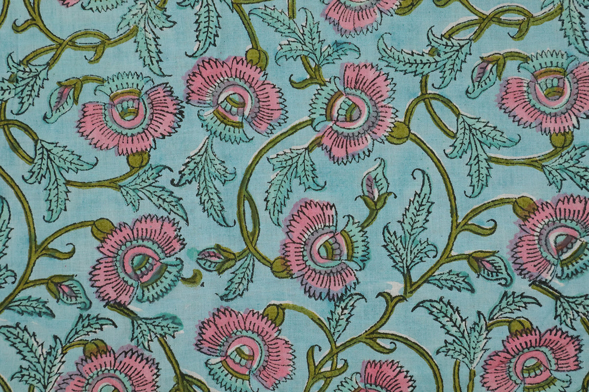 Blue & Pink Floral Block Print Fabric: 100% Linen or Cotton By The Yard