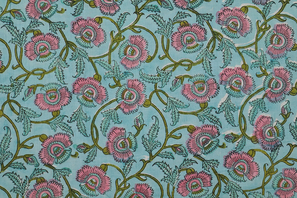 Blue & Pink Floral Block Print Fabric: 100% Linen or Cotton By The Yard