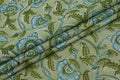 Mughal Floral Block Print Fabric: Green & Blue Linen Cotton Blend