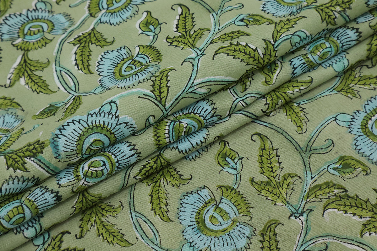 Mughal Floral Block Print Fabric: Green & Blue Linen Cotton Blend