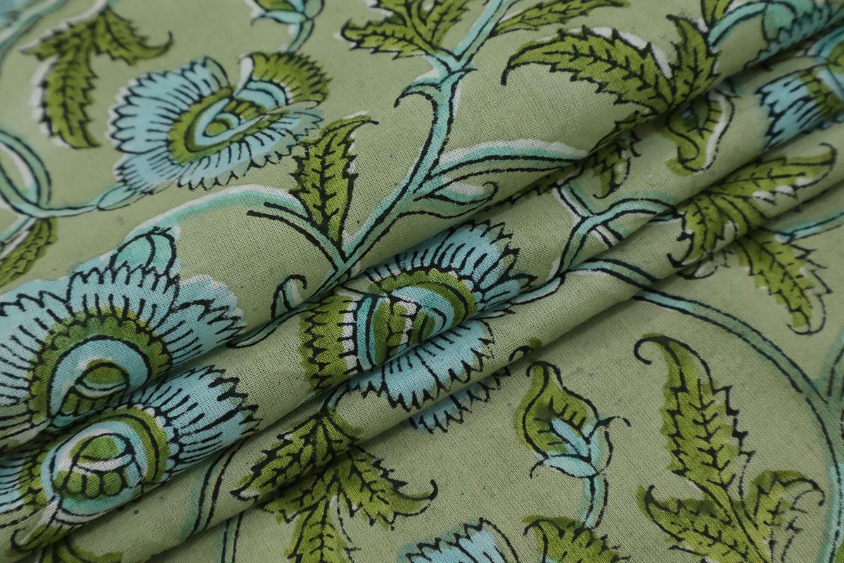 Mughal Floral Block Print Fabric: Green & Blue Linen Cotton Blend