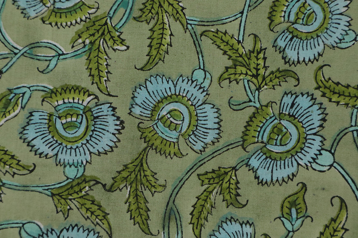 Mughal Floral Block Print Fabric: Green & Blue Linen Cotton Blend