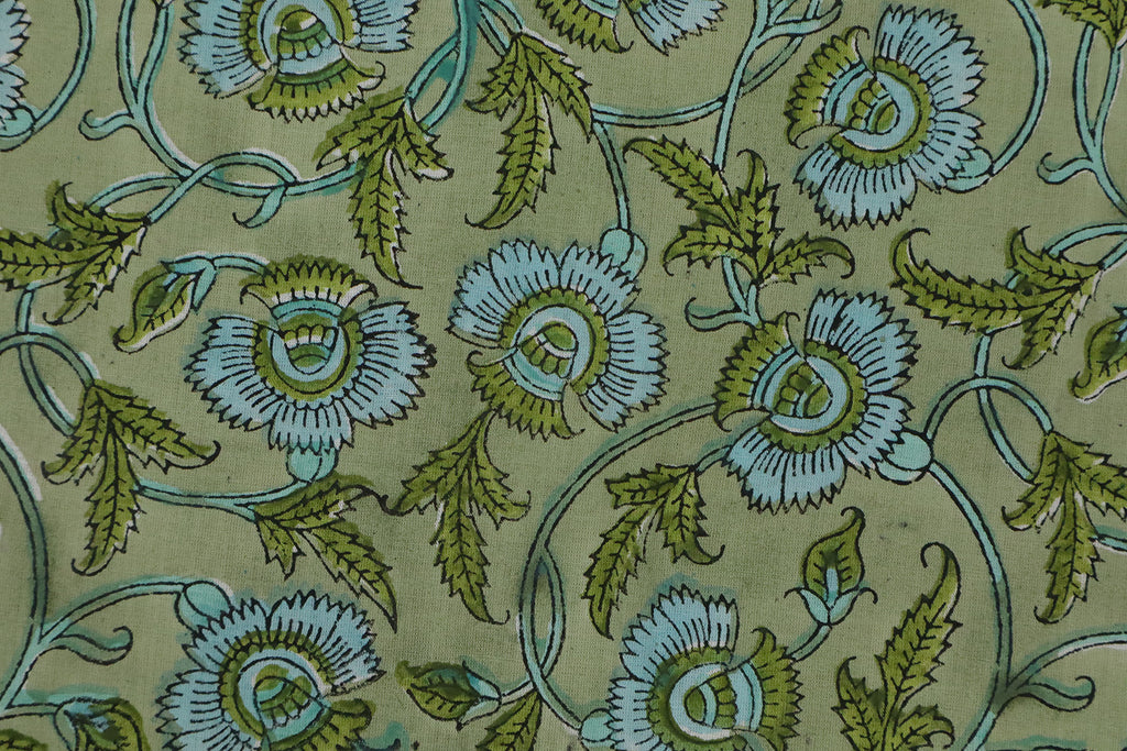 Mughal Floral Block Print Fabric: Green & Blue Linen Cotton Blend