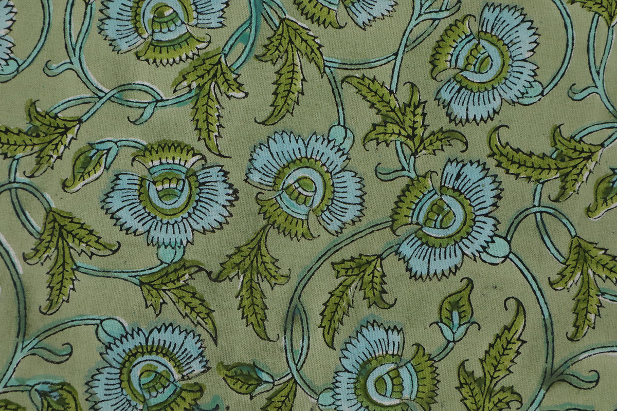Mughal Floral Block Print Fabric: Green & Blue Linen Cotton Blend