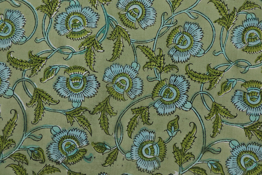Mughal Floral Block Print Fabric: Green & Blue Linen Cotton Blend