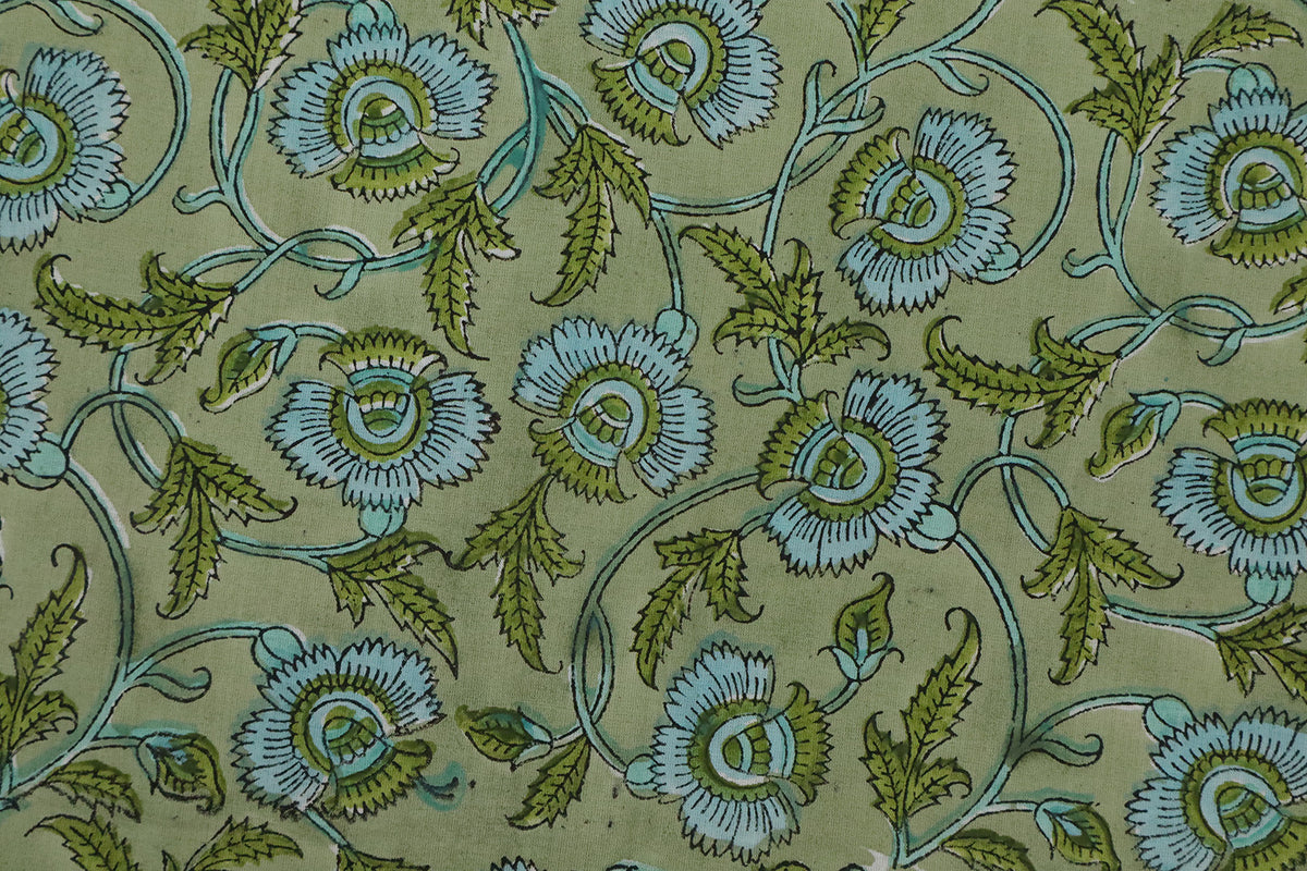 Mughal Floral Block Print Fabric: Green & Blue Linen Cotton Blend