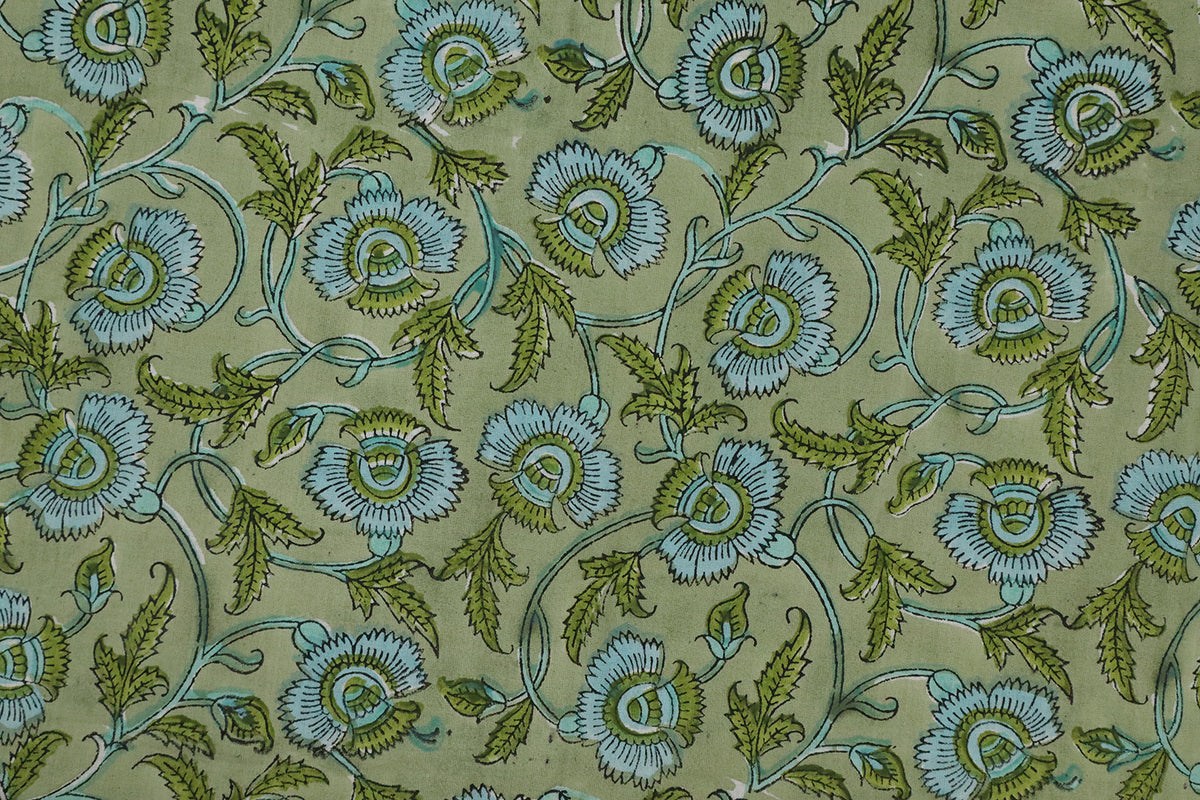 Mughal Floral Block Print Fabric: Green & Blue Linen Cotton Blend