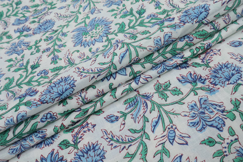 Blue and White block print floral fabric, 100% linen fabric by the yard, pure cotton block print fabric by the meter