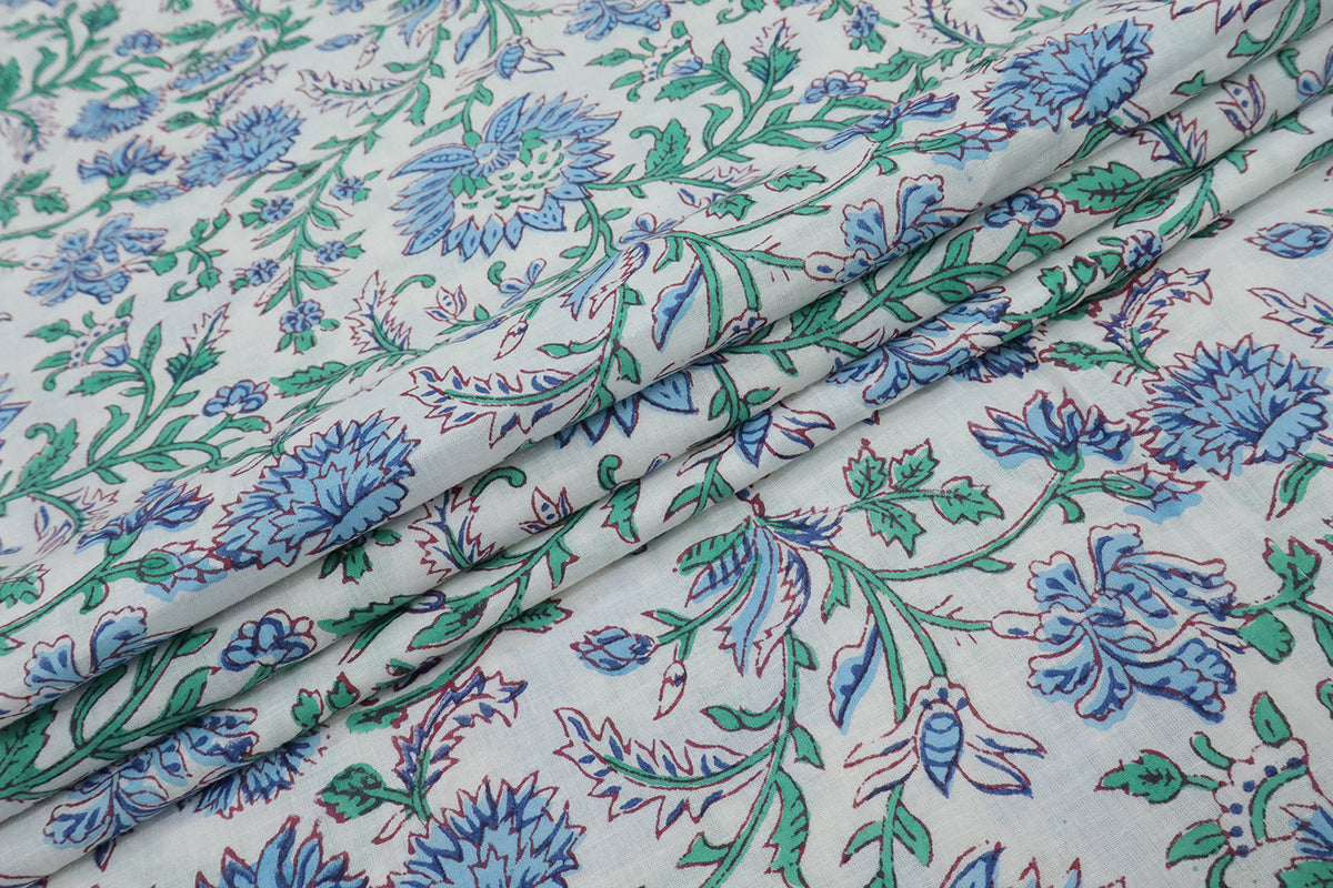 Blue and White block print floral fabric, 100% linen fabric by the yard, pure cotton block print fabric by the meter