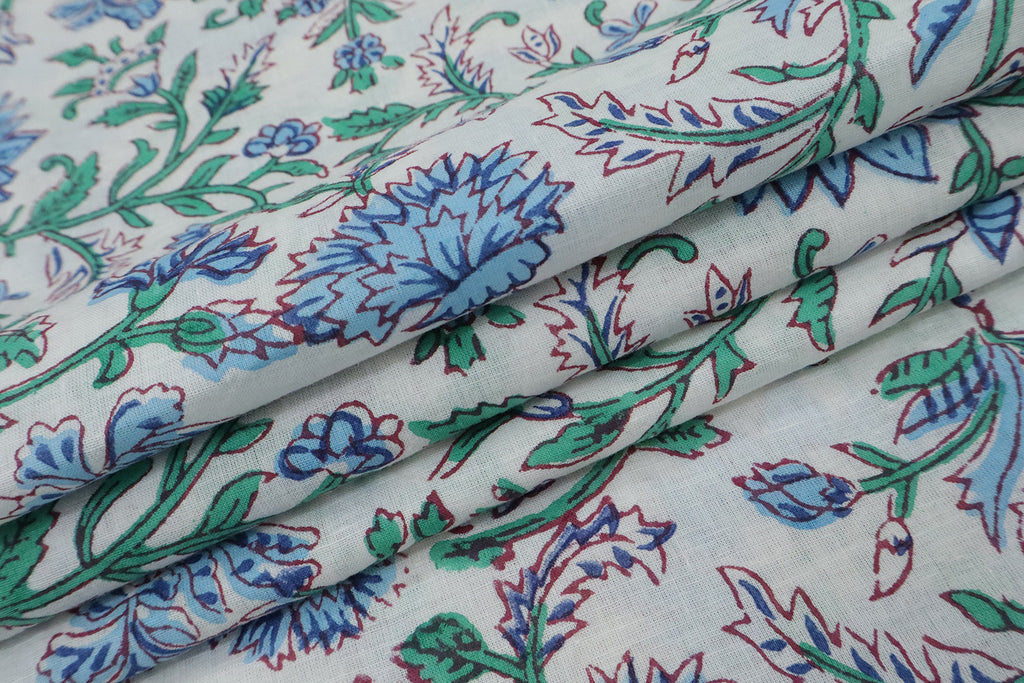 Blue and White block print floral fabric, 100% linen fabric by the yard, pure cotton block print fabric by the meter
