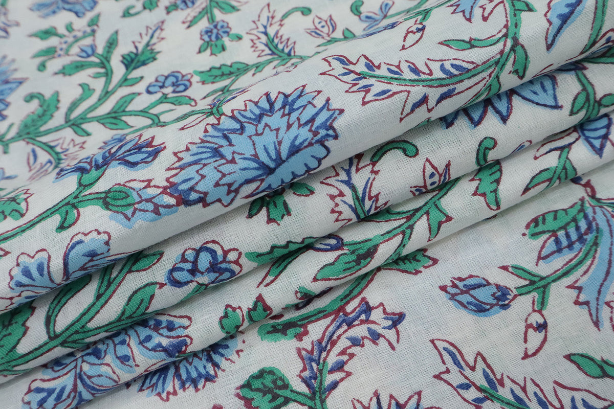 Blue and White block print floral fabric, 100% linen fabric by the yard, pure cotton block print fabric by the meter