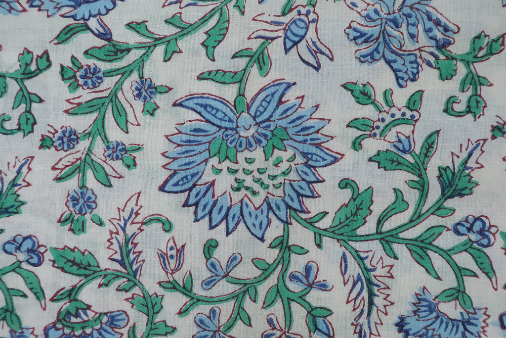 Blue and White block print floral fabric, 100% linen fabric by the yard, pure cotton block print fabric by the meter
