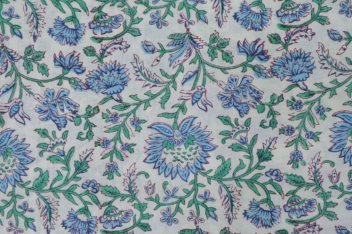 Blue and White block print floral fabric, 100% linen fabric by the yard, pure cotton block print fabric by the meter
