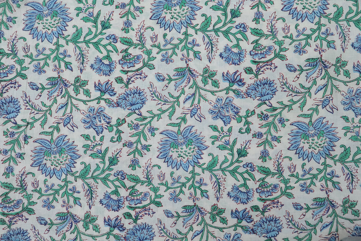 Blue and White block print floral fabric, 100% linen fabric by the yard, pure cotton block print fabric by the meter