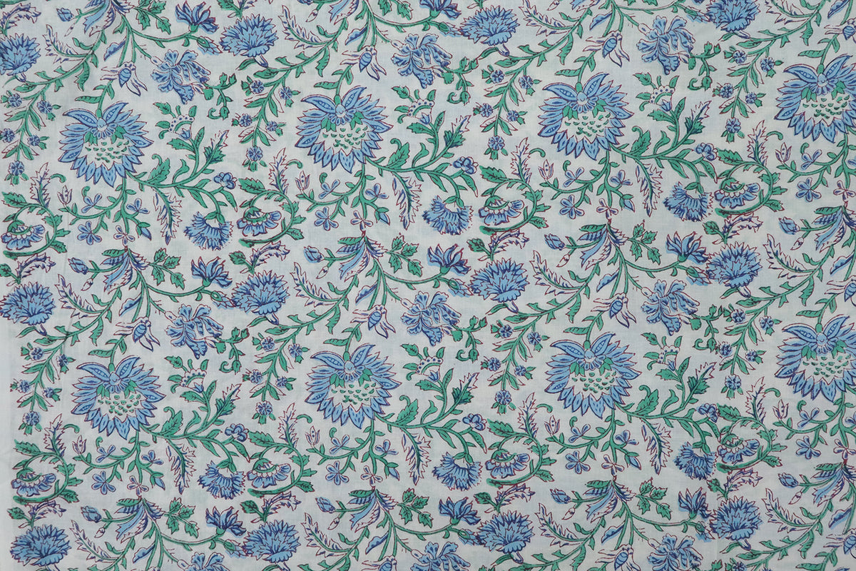 Blue and White block print floral fabric, 100% linen fabric by the yard, pure cotton block print fabric by the meter