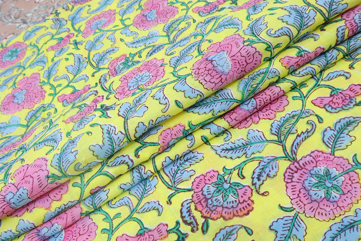 Yellow & Pink Floral Block Print Fabric: 100% Linen or Cotton By The Yard