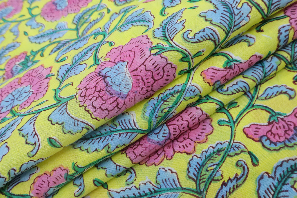 Yellow & Pink Floral Block Print Fabric: 100% Linen or Cotton By The Yard
