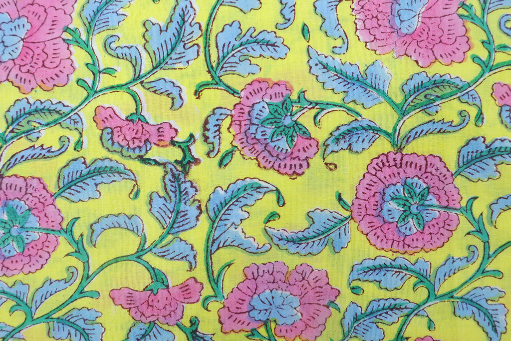 Yellow & Pink Floral Block Print Fabric: 100% Linen or Cotton By The Yard
